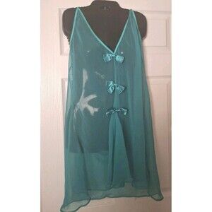 Sheer Lingerie Chemise  Babydoll  Size 6X Front Bows Teal Blue Mesh Slip Sexy